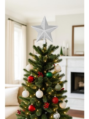 Dodomar Yılbaşı Ağaç Tepeliği (20 Cm) - Gümüş Simli ve Yıldız Dolgulu Büyük Boy Lüks Çam Ağacı Dekorasyonu