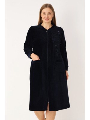 Intensive Collection Lacivert Nakış ve Taş Detaylı Pamuklu Kadife Fermuarlı Uzun Kollu Kadın Büyük Beden Elbise