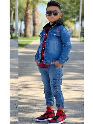 Riccotarz Erkek Çocuk Ekose Kapşonlu Kırmızı Oduncu Gömlek Sırtı Tiger Desen Ceket Kot Alt Üst Takım