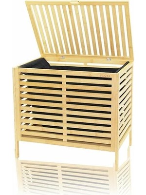 Timion Kalın Ahşap Bambu Kirli Çamaşır Sepeti Siyah Kumaş Çantalı SEPET=50X38X55CM (5148)