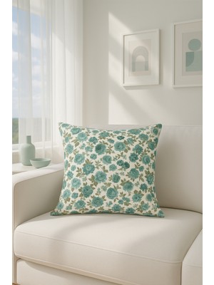 Premier Home Duck Güllü Kırlent Kılıfı Turkuaz Bej V1 40X40