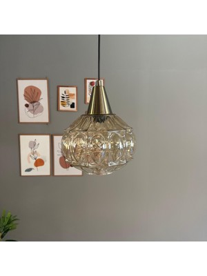 Bamyum Şila Cam Bal Rengi Tekli Avize Eskitme Huni Başlık Retro Sarkıt Lamba Salon Aydınlatma