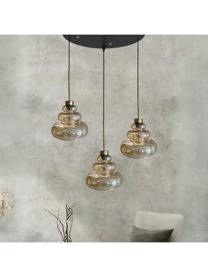 Bamyum Lily Üçlü Cam Bal Rengi Metal Çubuk Avize Ince Eskitme Başlık Retro Sarkıt Lamba Salon Aydınlatma
