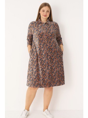 Intensive Collection Kahverengi Çiçek Desenli Pamuklu Kadife Cepli Gömlek Yaka Fermuarlı Büyük Beden Elbise