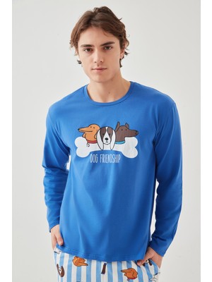 Koza İç Giyim Erkek Pamuklu Uzun Kollu Pijama Takımı Alt Desenli Beyaz - Saks Renk Seçeneği