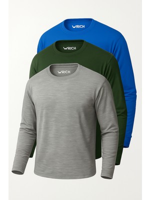 Rich Erkek Mavi-Haki-Grimelanj 3'lü Paket Basic Uzun Kollu Sporcu Body