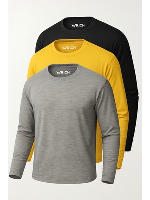 Rich Erkek Sarı-Siyah-Grimelanj 3'lü Paket Basic Uzun Kollu Sporcu Body