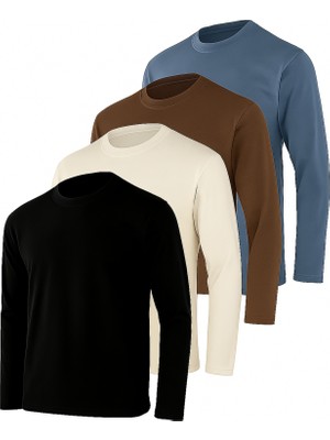 Rich Erkek Indigo-Ekru-Kahverengi-Siyah 4'lü Paket Basic Uzun Kollu Sporcu Body