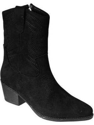 Yaz Kış Ayakkabı Yazkış Kadın Siyah Taba Süet Üzeri Desenli 5cm Kalın Topuk Kovboy Botu