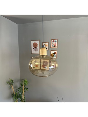 Bamyum Solvia Cam Bal Rengi Tekli Avize Kalın Ahşap Kafa Başlık Retro Sarkıt Lamba Salon Aydınlatma