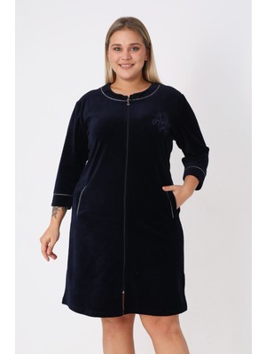 Intensive Collection Kadın Büyük Beden Lacivert Pamuklu Kadife Fermuarlı Şerit Detaylı Nakışlı Cepli Truvakar Kol Elbise