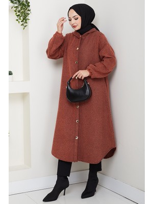 İlkimay.com Çizgi Detay Kapüşonlu Kaşe Kap 1634 - Kiremit