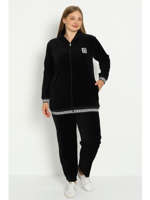 Intensive Collection Kadın Büyük Beden Siyah Kapüşonlu Pamuklu Kadife Baskı Detaylı Cepli Alt Üst Eşofman Takımı