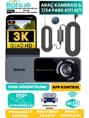 Botslab HK50 Set / 3k Qhd Wifi 150° Ultra Geniş Açı Gece Görüşlü Akıllı Araç Kamera + Park Kiti