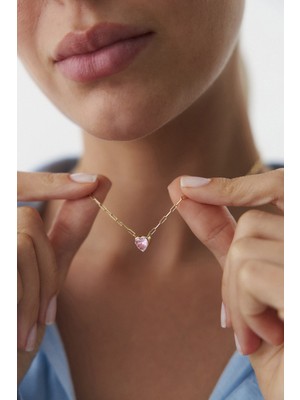 Yavuz Kuyumculuk 14 Ayar Altın Ataş Zincir Pembe Kalp Kolye