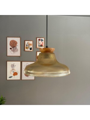 Bamyum Stark Cam Bal Rengi Tekli Avize Tabak Ahşap Başlık Retro Sarkıt Lamba Salon Aydınlatma