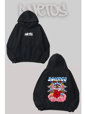 Anetos Source Sırt Baskılı Siyah Kapüşonlu Sweatshirt