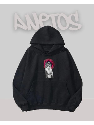 Anetos Heykel Pembe Yazılı Tasarım Siyah Ön Baskılı Sweatshirt