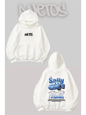 Anetos Sally Cars Sırt Baskılı Beyaz Kapüşonlu Sweatshirt