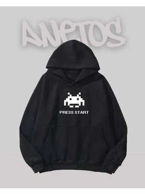 Anetos Press Start Tasarım Siyah Ön Baskılı Sweatshirt