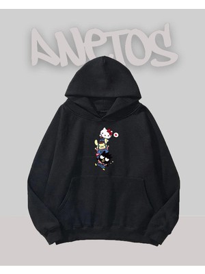 Anetos Hello City Tasarım Siyah Ön Baskılı Sweatshirt