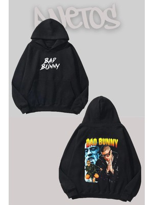 Anetos Bad Bunny 10 Tasarım Siyah Ön Arka Baskılı Sweatshirt