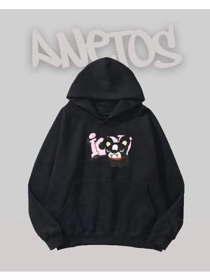 Anetos Cute Angry Dog Tasarım Siyah Ön Baskılı Sweatshirt