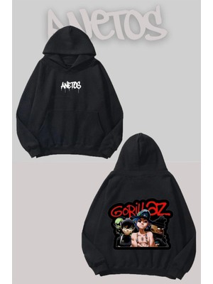 Anetos Gorillaz 2 Sırt Baskılı Siyah Kapüşonlu Sweatshirt