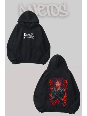 Anetos Demon Slayer 7 Tasarım Siyah Ön Arka Baskılı Sweatshirt