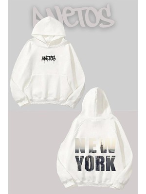 Anetos New York City Sırt Baskılı Beyaz Kapüşonlu Sweatshirt