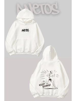 Anetos Keep Going Sırt Baskılı Beyaz Kapüşonlu Sweatshirt