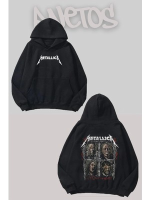 Anetos Metallica 5 Tasarım Siyah Ön Arka Baskılı Sweatshirt