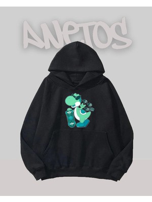 Anetos Baby Dino Tasarım Siyah Ön Baskılı Sweatshirt