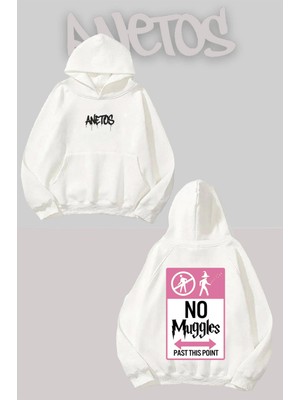Anetos No Muggles Sırt Baskılı Beyaz Kapüşonlu Sweatshirt