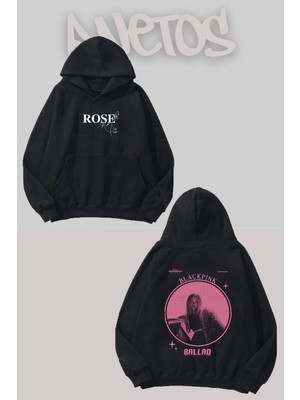 Anetos Blackpink Rose 3 Tasarım Siyah Ön Arka Baskılı Sweatshirt