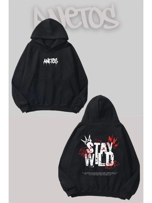 Anetos Stay Wıld Sırt Baskılı Siyah Kapüşonlu Sweatshirt