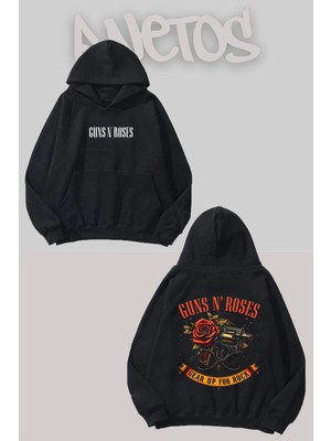 Anetos Guns N' Roses 4 Tasarım Siyah Ön Arka Baskılı Sweatshirt