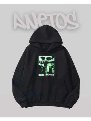 Anetos The Matirx 2 Tasarım Siyah Ön Baskılı Sweatshirt