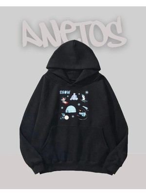 Anetos Snow Kardan Adam Tasarım Siyah Ön Baskılı Sweatshirt