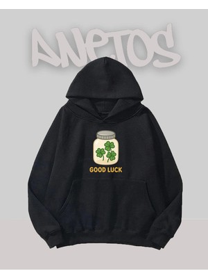 Anetos Good Luck Tasarım Siyah Ön Baskılı Sweatshirt