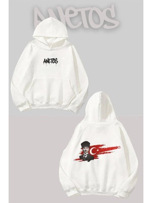 Anetos Mustafa Kemal Atatürk 3 Sırt Baskılı Beyaz Kapüşonlu Sweatshirt