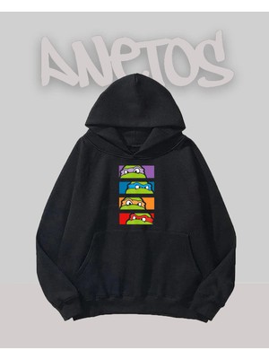 Anetos Nınja Kağlumbagalar Tasarım Siyah Ön Baskılı Sweatshirt