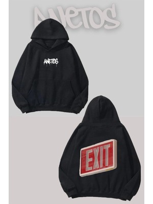 Anetos Exit Tabela Sırt Baskılı Siyah Kapüşonlu Sweatshirt