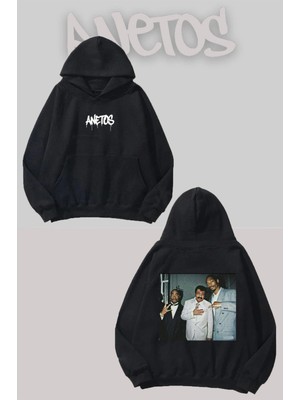 Anetos Müslüm Baba 2 Sırt Baskılı Siyah Kapüşonlu Sweatshirt