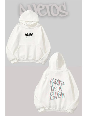 Anetos Karma Is A Bitch Sırt Baskılı Beyaz Kapüşonlu Sweatshirt