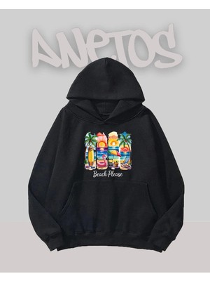 Anetos Beach Please Tasarım Siyah Ön Baskılı Sweatshirt