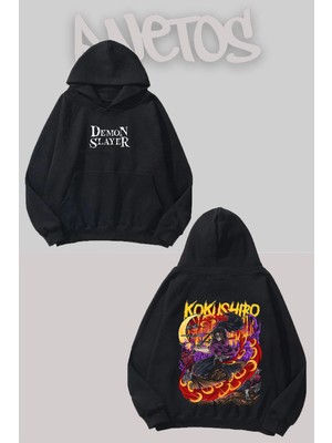 Anetos Demon Slayer 10 Tasarım Siyah Ön Arka Baskılı Sweatshirt