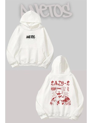Anetos Eazy E Sırt Baskılı Beyaz Kapüşonlu Sweatshirt