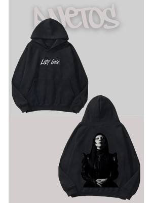 Anetos Lady Gaga 5 Tasarım Siyah Ön Arka Baskılı Sweatshirt