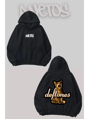 Anetos Deftones Kedi Sırt Baskılı Siyah Kapüşonlu Sweatshirt